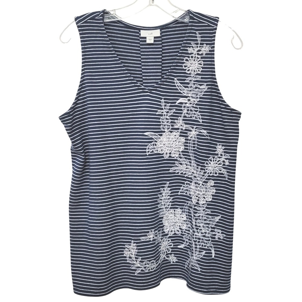 J. Jill Striped Floral Embroidered Sleeveless Top Womens Small Blue White